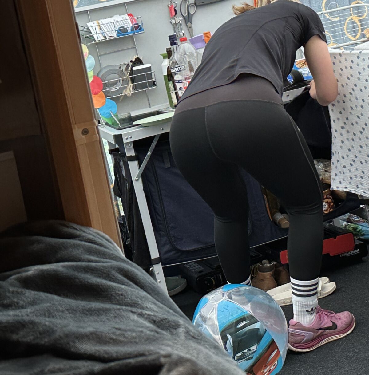 Voyeur my Milf wife in leggings at camping. Who will follow her?