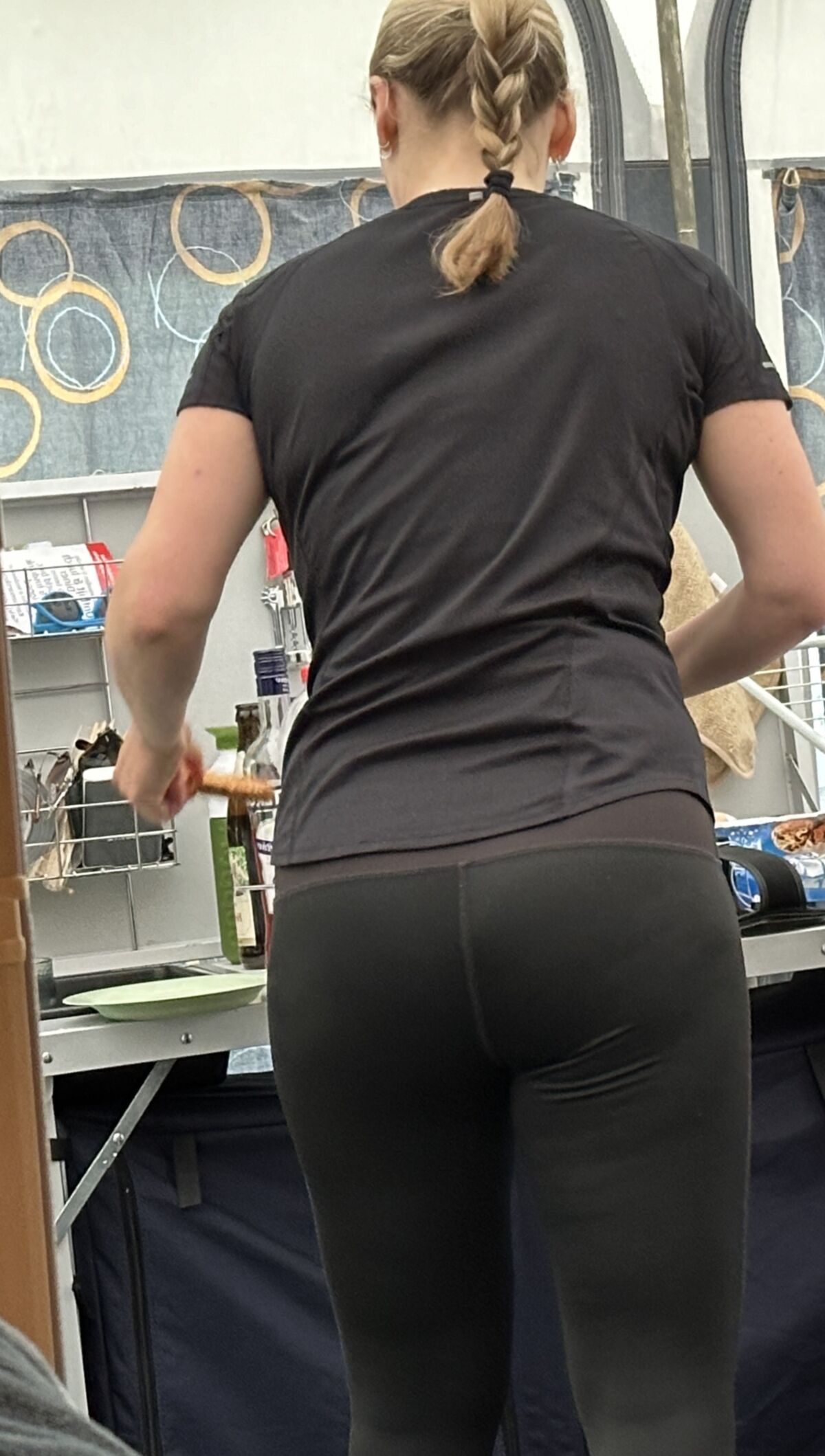 Voyeur my Milf wife in leggings at camping. Who will follow her?