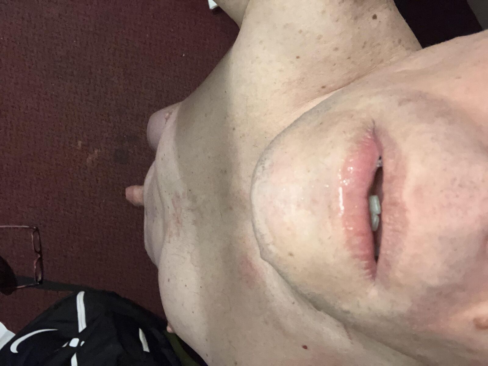 Mouth open tongue out naked posing 