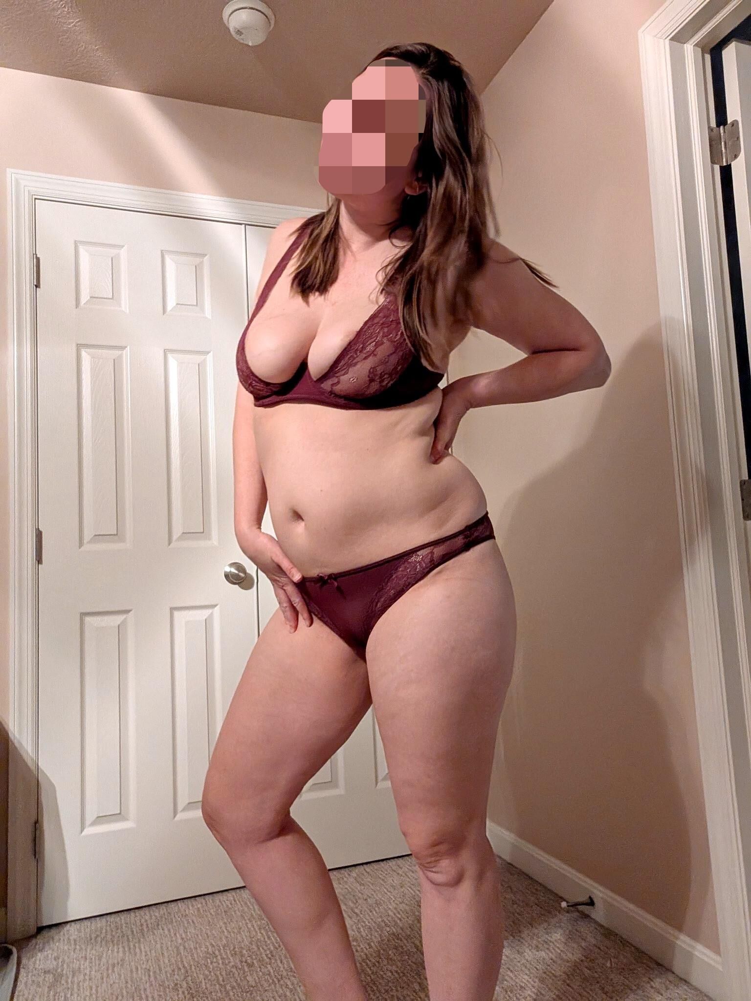 Wife in and out of a sexy burgundy lingerie outfit